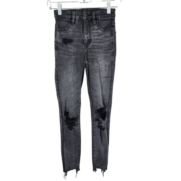 Womens Black American Eagle Super Hi Rise Jegging Crop Jeans Distressed Size 000 - Picture 1 of 10